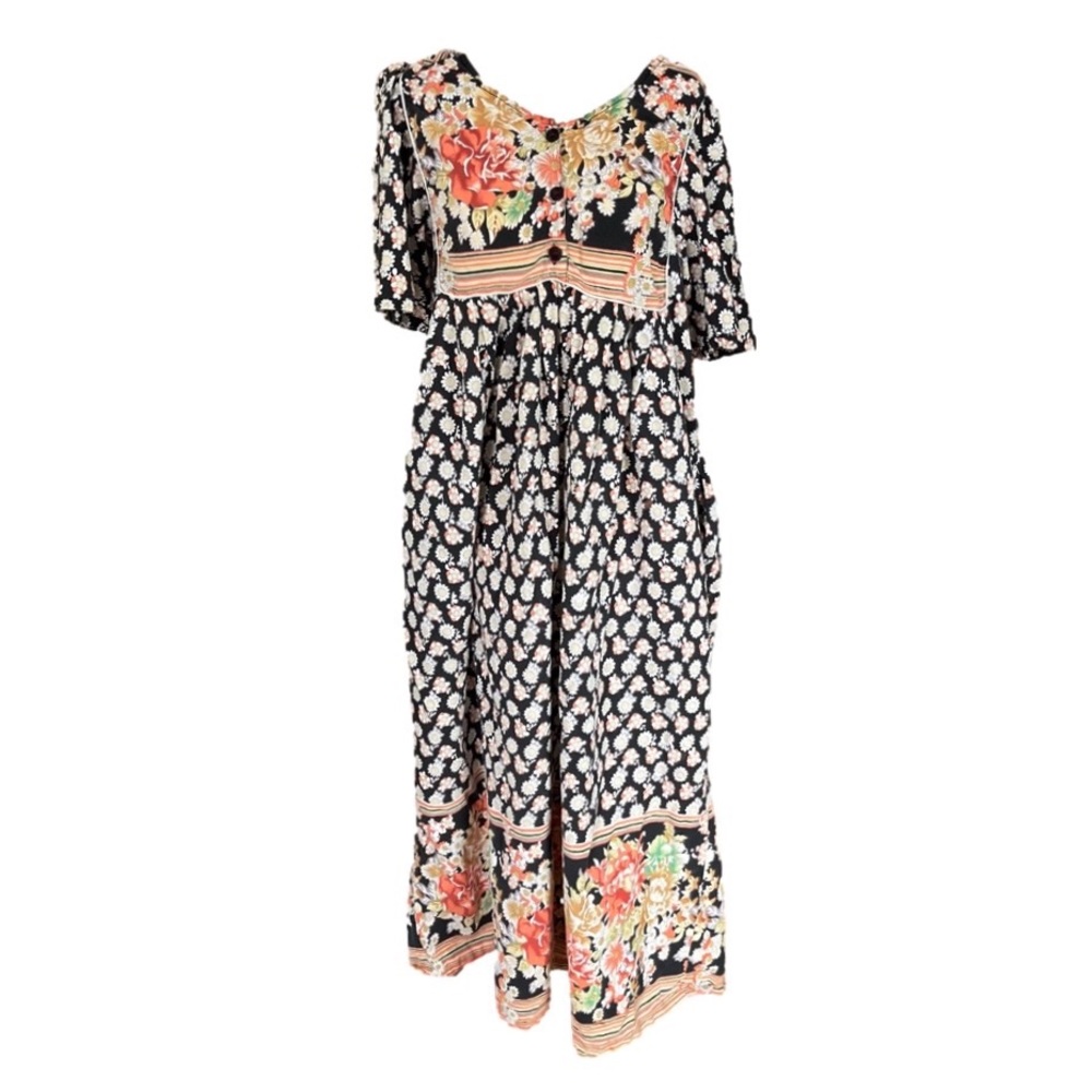 Vintage Boho Floral MuuMuu Dress Indian Cotton Cottagecore Small w/ Pockets